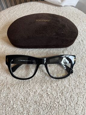 Tom Ford Black Gloss Rectangular Glasses frames with Gold Temple Accents
